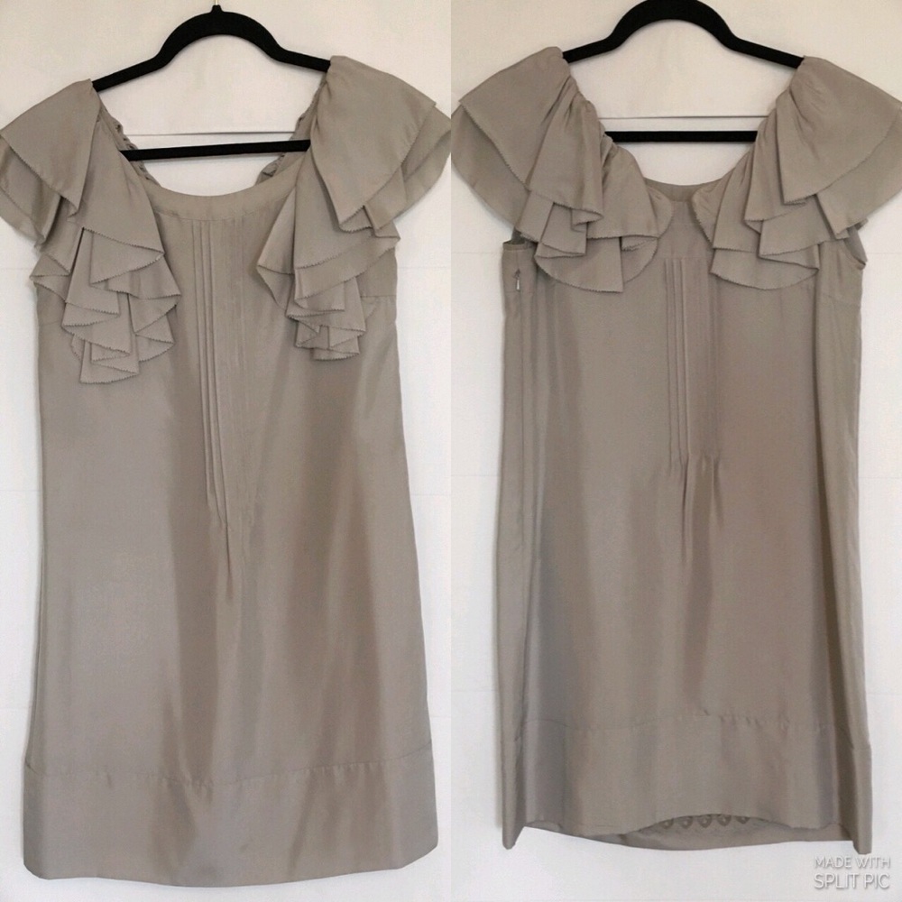Anthropology Grey Silk Ruffle Shoulder Shift Dress